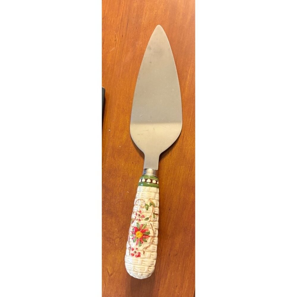 Temp-tations By Tara Poinsettia Porcelain Cake Server Stainless Steel Blade 10" - Picture 5 of 5